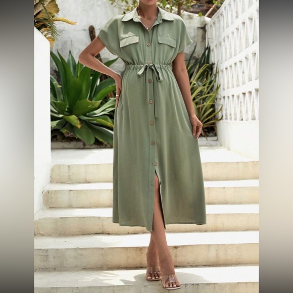 SHEIN Dresses & Skirts - SHEIN Maternity Batwing Sleeve Drawstring Waist Solid Dress, Size XL, Sage green